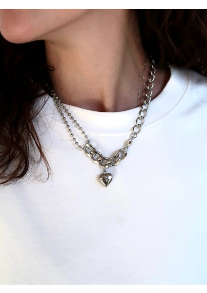 Kalp Charmlı Zincir Çelik Kolye / Bubble Heart Chain Kolye