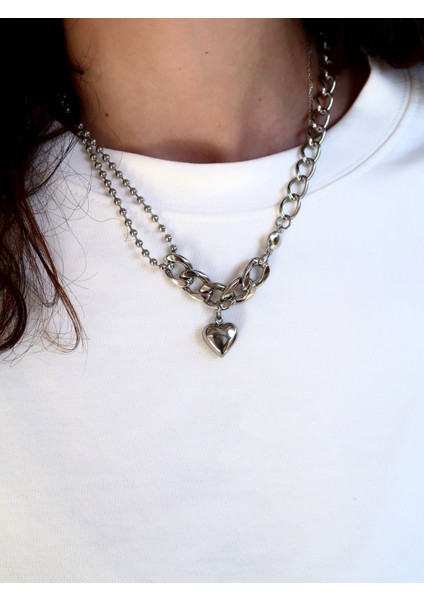 Kalp Charmlı Zincir Çelik Kolye / Bubble Heart Chain Kolye