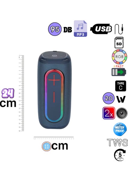 HP-S01 Taşınabilir Şarjlı Bluetooth Hoparlör 3000 Mah Rgb Aux.usb.tf 20W Rms Tws Type-C Şarj