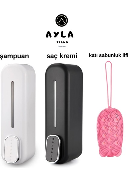 Ayla Stand 300 ml Duvara Monte Sıvı Dispenser Seti (Beyaz ve Siyah) Peeling Silikon Kesesi