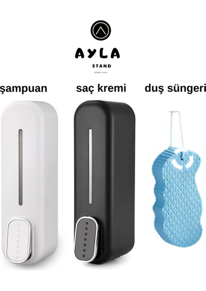 300 ml Duvara Monte Sıvı Sabunluk Seti (Beyaz ve Siyah) Duş Süngeri