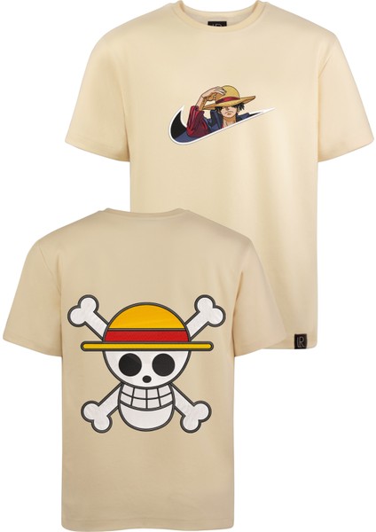 Basic Unisex Pamuklu Loose Fit Bej Full Işlemeli Luffy Anime Nakış Baskılı Tişört