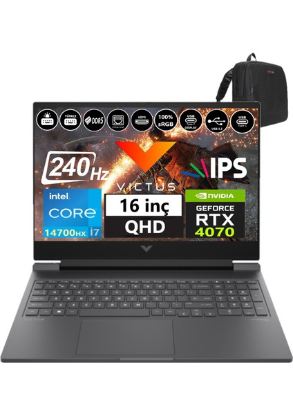 Victus 16-R1012NT Intel I7-14700HX 32GB Ddr5 1tb SSD 8GB/RTX4070 Freedos 16.1" 240Hz Qhd 3ms 300NİTS Taşınabilir Bilgisayar 99J1K2EA06+WEBLEGELSINÇANTA