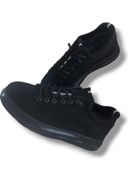 GR0220 Süet Deri Siyah Erkek Lastik Bağcık İthal Taban Sneaker Ayakkabı
