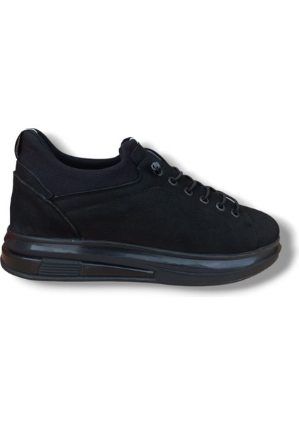 GR0220 Süet Deri Siyah Erkek Lastik Bağcık İthal Taban Sneaker Ayakkabı
