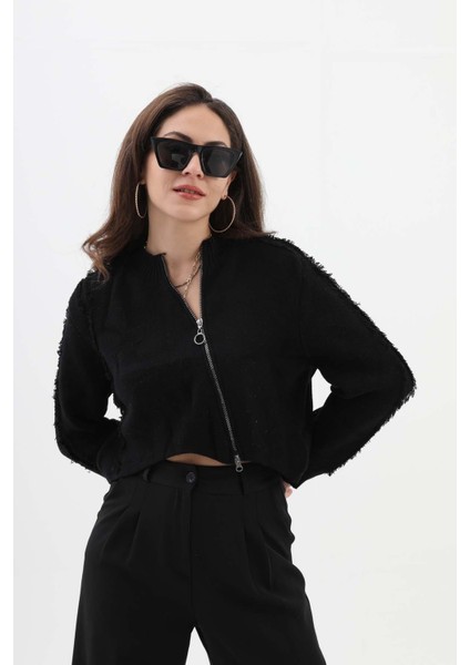 Isawella Önü Oval Fermuarlı Hırka - Siyah