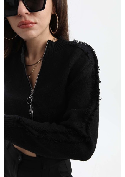 Isawella Önü Oval Fermuarlı Hırka - Siyah modelleri