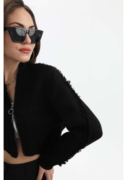 Isawella Önü Oval Fermuarlı Hırka - Siyah fırsatları