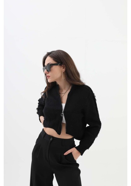 Isawella Önü Oval Fermuarlı Hırka - Siyah indirimleri