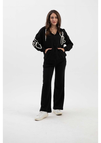 Isawella Süzene Nakışlı Kapşonlu Üç Iplik Takım - Siyah