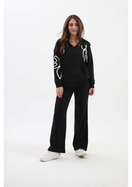 Isawella Süzene Nakışlı Kapşonlu Üç Iplik Takım - Siyah modelleri