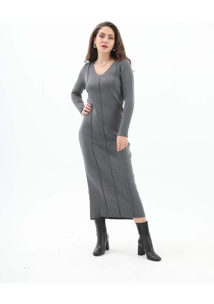Isawella V Yaka Pis Dikişli Triko Elbise - Antrasit