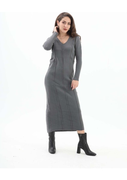 Isawella V Yaka Pis Dikişli Triko Elbise - Antrasit modelleri