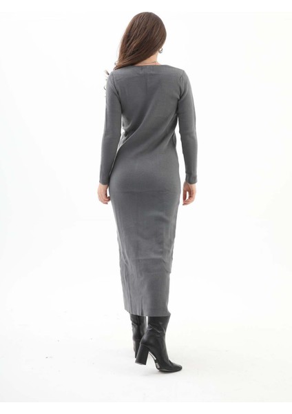 Isawella V Yaka Pis Dikişli Triko Elbise - Antrasit indirimleri