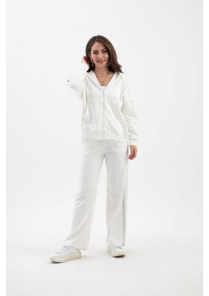 Isawella Örme Aksesuar Detaylı Kapşonlu Üç Iplik Takım - Ekru fırsatları