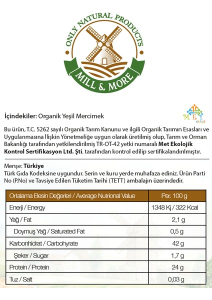 Mill & More Organik Kırmızı Mercimek 750 G + Organik Yeşil Mercimek 750 G Seti