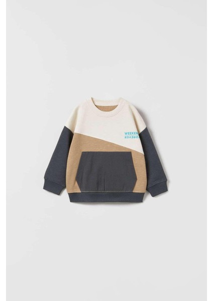 Erkek Çocuk Blok Desenli Kahverengi Cepli Pamuklu Sweatshirt Eşofman Alt-Üst Takım modelleri