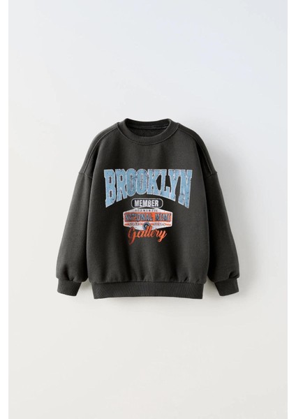 Erkek Çocuk Brooklyn Desenli Sloganlı Kışlık 3 Iplik Pamuklu Sweatshirt Eşofman Alt-Üst Takım