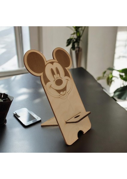 Ahşap Masaüstü Figürlü Telefon Standı dekoratif - Telefon Tutucu - Ahşap - Mickey Mouse