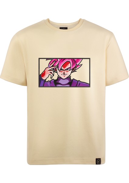 Unisex Loose Fit Bej Dragon Ball Anime Nakışlı Rahat Kesim Tshirt