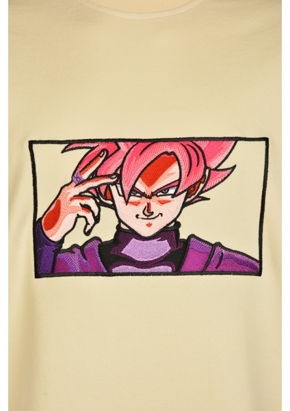 Unisex Loose Fit Bej Dragon Ball Anime Nakışlı Rahat Kesim Tshirt