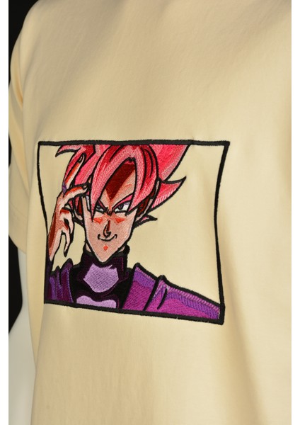 Unisex Loose Fit Bej Dragon Ball Anime Nakışlı Rahat Kesim Tshirt