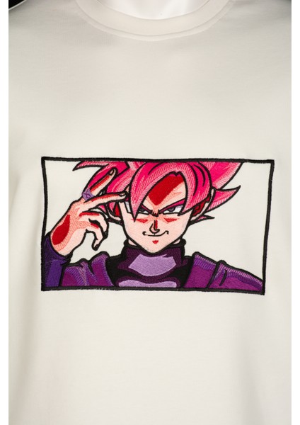Unisex Loose Fit Beyaz Dragon Ball Anime Nakışlı Rahat Kesim Tshirt