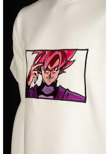 Unisex Loose Fit Beyaz Dragon Ball Anime Nakışlı Rahat Kesim Tshirt