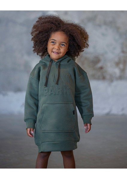 Kabartmalı Baskı Detaylı Kız Çocuk Kapüşonlu Sweat Elbise_RG1422