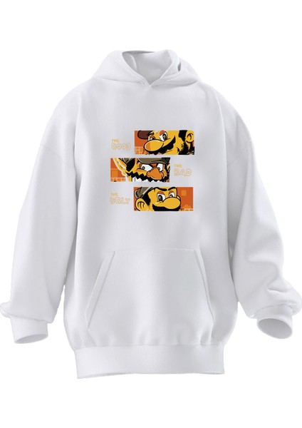 Unisex Premium Pamuk Beyaz Süper Mario Üçlü Baskılı 3 Iplik Kapüşonlu Sweatshirt