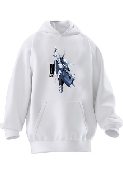 Unisex Premium Pamuk Beyaz Samuray Kalkanlı Baskılı 3 Iplik Kapüşonlu Sweatshirt