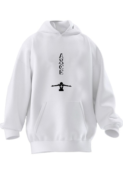 Unisex Premium Pamuk Beyaz Asce Baskılı 3 Iplik Kapüşonlu Sweatshirt