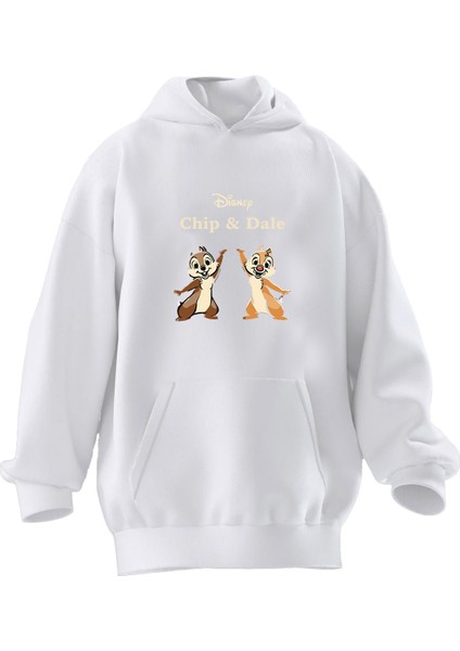 Unisex Premium Pamuk Beyaz Chip And Dale Baskılı 3 Iplik Kapüşonlu Sweatshirt