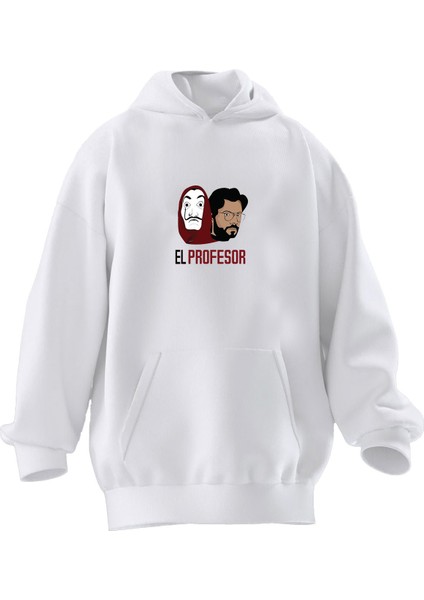 Unisex Premium Pamuk Beyaz El Profesör Baskılı 3 Iplik Kapüşonlu Sweatshirt