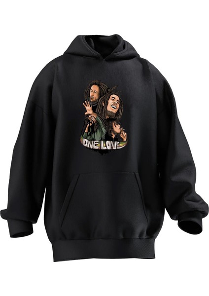 Unisex Premium Pamuk Siyah Bob Marley Regae Baskılı 3 Iplik Kapüşonlu Sweatshirt