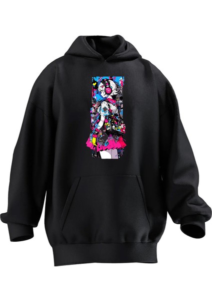 Unisex Premium Pamuk Siyah Japon Anime Kız Kulaklıklı Rengarenk Baskılı 3 Iplik Kapüşonlu Sweatshirt