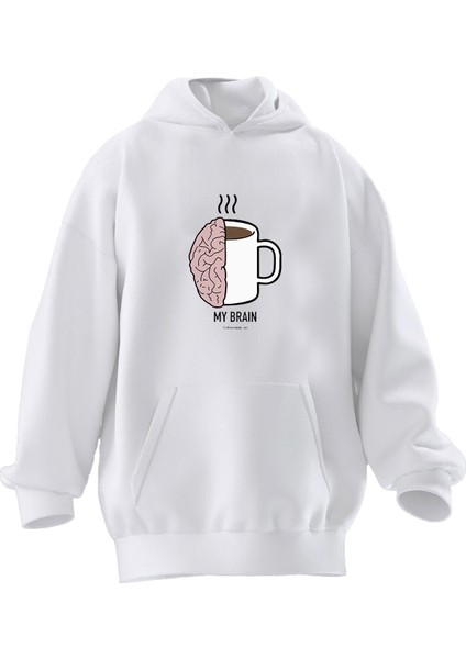 Unisex Premium Pamuk Beyaz My Brain Coffe Baskılı 3 Iplik Kapüşonlu Sweatshirt