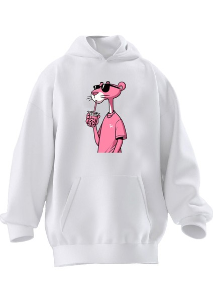Unisex Premium Pamuk Beyaz Pink Latte Pembe Panter Baskılı 3 Iplik Kapüşonlu Sweatshirt