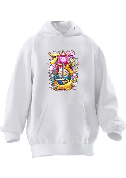 Unisex Premium Pamuk Beyaz Renkli Desen Baskılı 3 Iplik Kapüşonlu Sweatshirt