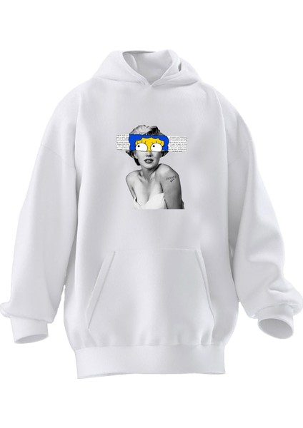 Unisex Premium Pamuk Beyaz Sipson Göz Kadın Baskılı 3 Iplik Kapüşonlu Sweatshirt