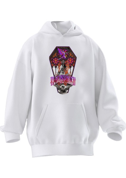 Unisex Premium Pamuk Beyaz Black Sabbath Kupa Baskılı 3 Iplik Kapüşonlu Sweatshirt