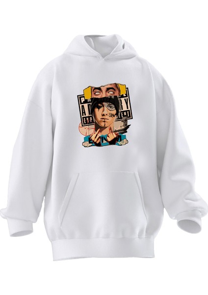 Unisex Premium Pamuk Beyaz Eminem Poster Baskılı 3 Iplik Kapüşonlu Sweatshirt
