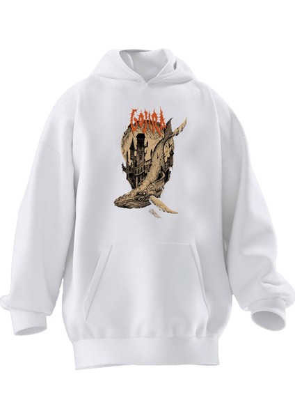 Unisex Premium Pamuk Beyaz Gojira Köpek Balığı Desen Baskılı 3 Iplik Kapüşonlu Sweatshirt