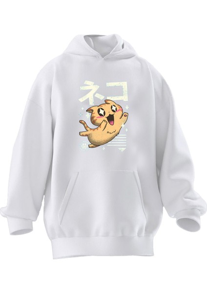 Unisex Premium Pamuk Beyaz Japon Kedicik Baskılı 3 Iplik Kapüşonlu Sweatshirt