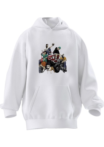 Unisex Premium Pamuk Beyaz Jip Motor Köpek Grup Baskılı 3 Iplik Kapüşonlu Sweatshirt