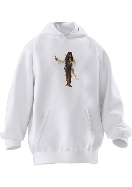 Unisex Premium Pamuk Beyaz Karayip Çizim Karikatür Baskılı 3 Iplik Kapüşonlu Sweatshirt