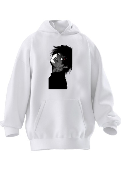 Unisex Premium Pamuk Beyaz Kırmızı Gözlü Anime Erkek Karakter Baskılı 3 Iplik Kapüşonlu Sweatshirt