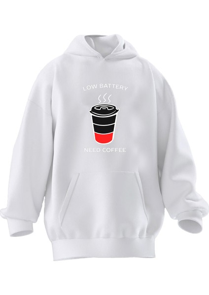 Unisex Premium Pamuk Beyaz Low Battery Coffeee Baskılı 3 Iplik Kapüşonlu Sweatshirt
