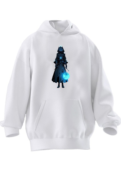 Unisex Premium Pamuk Beyaz Mavi Çantalı Anime Baskılı 3 Iplik Kapüşonlu Sweatshirt