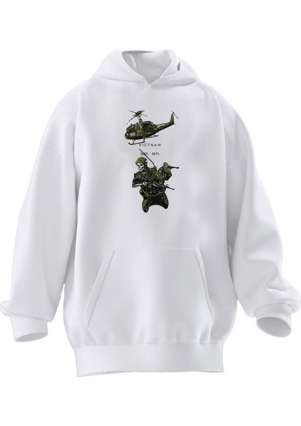Unisex Premium Pamuk Beyaz Asker Kurukafa Baskılı 3 Iplik Kapüşonlu Sweatshirt